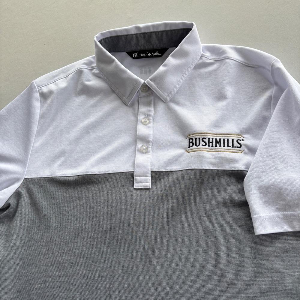 TravisMathew Polo Shirt Mens Medium White Grey Bushmills Embroidered Colorblock